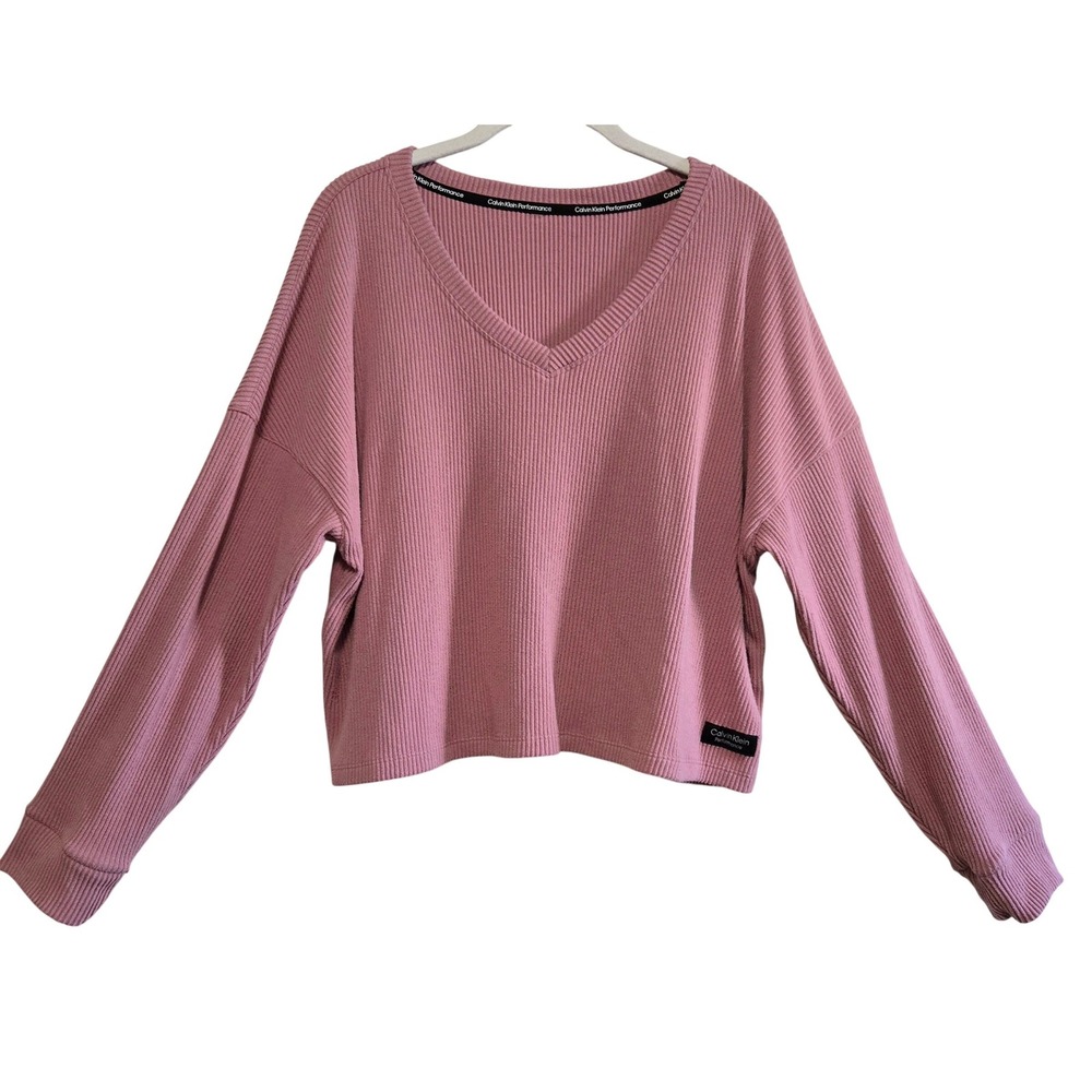 Cute Pink Crop Top Calvin Klein Performance Womens  S Ribbed V-Neck Long Sleeve